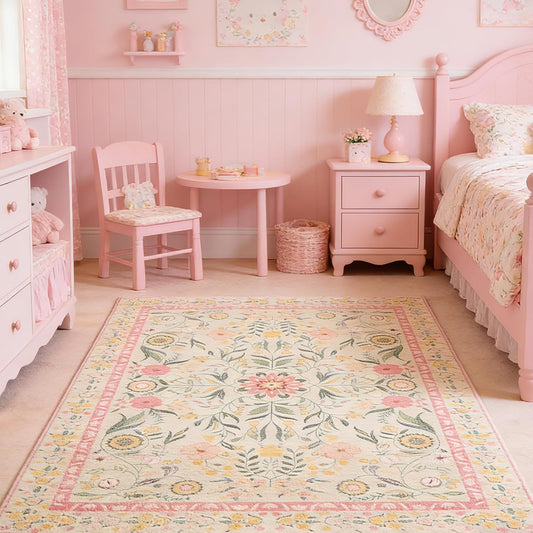 Pink Floral Area Rug 5x7 for Nursery, Boho Vintage Rugs for Bedroom Girls Non Slip Low Pile Neutral Floral Carpets for Kids Room Playroom Kitchen Dining Room Office