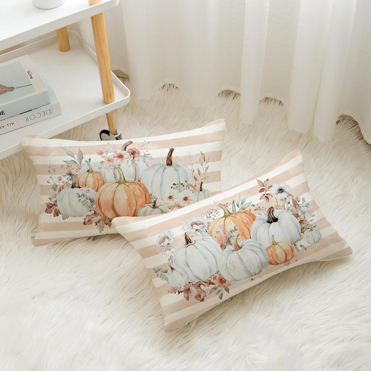 Pumpkins Floral Fall Pillow Covers 12x20 Inch Set of 2 Pink Stripe Autumn Decorative Throw Pillows Farmhouse Seasonal Thanksgiving Cushion Cases for Sofa Couch Home