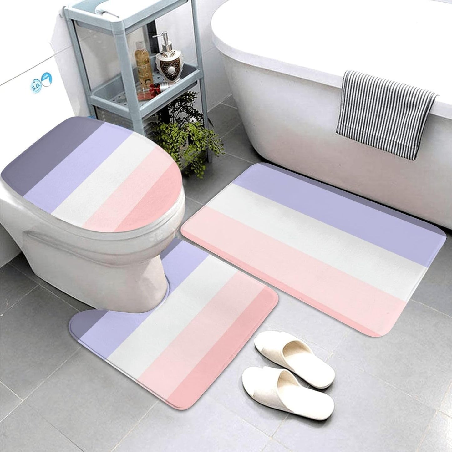 Bathroom Rugs Set 3 Piece Horizontal Stripe Pink, Peach & Purple Bath Rug Mat Set, Non Slip Absorbent Bathroom Decor Mat, Toilet Lid Cover & U Shaped Contour Rug