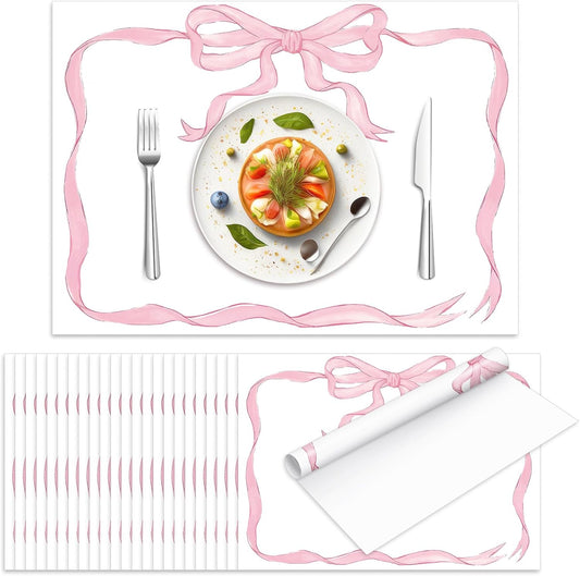 JarThenaAMCS 50 Sheets Pink Bow Paper Placemat Coquette Bowknot Place Mat Cute Disposable Table Mat for Bachelorette Party Dinner Table, 14 x 10 Inch