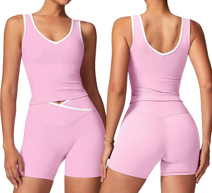 SUUKSESS Women 2 Piece Workout Sets Built in Bra Yoga Tank Top High Waisted Tummy Control Biker Shorts