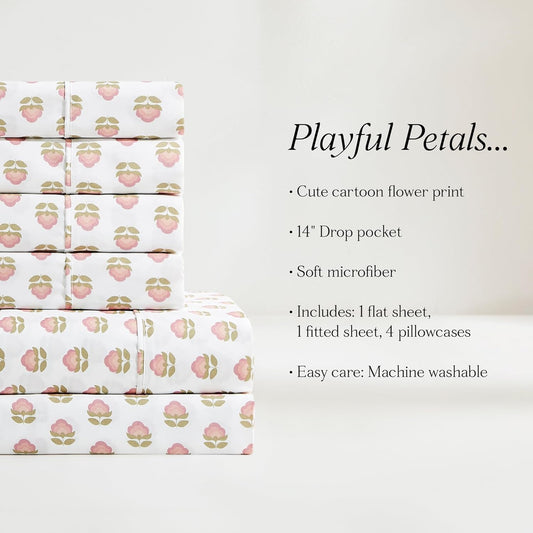 Lush Decor Prisha Floral Sheet Set 6 Piece Set Queen Peach - Floral Bed Sheets - Teen Queen Sheets - Pink Flower Print - Soft Sheet Set - Cottage Decor