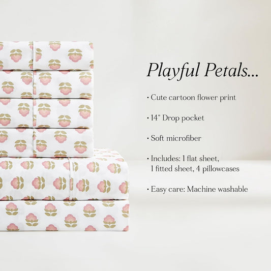 Lush Decor Prisha Floral Sheet Set 6 Piece Set Full Peach - Floral Bed Sheets - Kids Full Sheets - Pink Flower Print - Soft Sheet Set - Cottage Decor