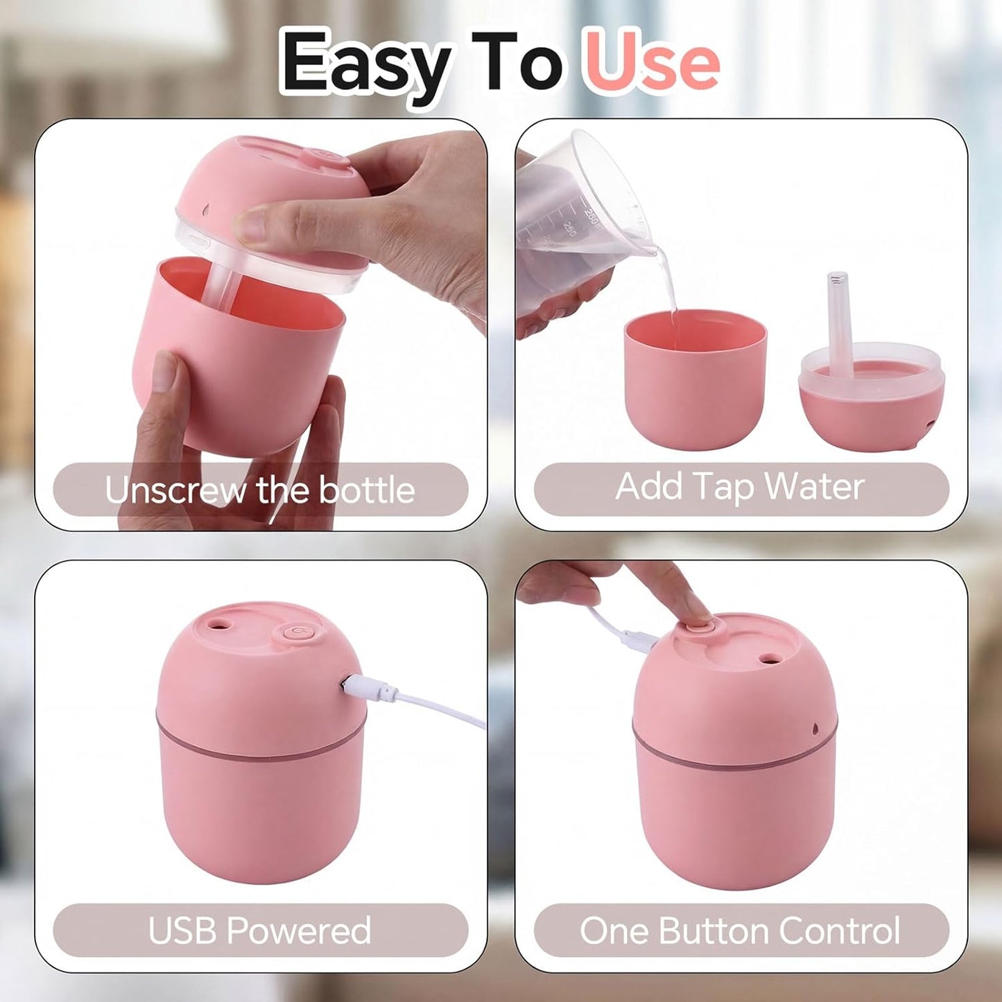Hortsun 12 Pcs Portable Small Humidifier USB Personal Desktop 220 ml Mini Humidifier for Bedroom Plants Car Office Room Home Travel (White,Pink)