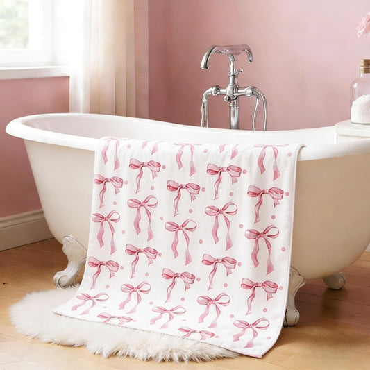 JarThenaAMCS Pink Bow Oversized Beach Towel Coquette Watercolor Bow Absorbent Bath Pool Towel for Summer Travel Swimming Bathroom Shower Supplies, 70.9 x 35.4 Inch