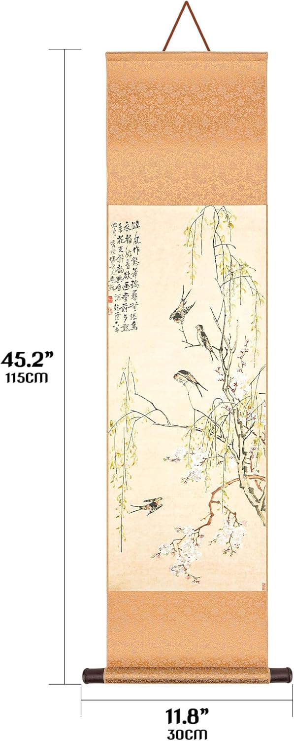 HannaFires Chinese Classical Hanging Scroll Painting – 45 Inches, Qing Dynasty Peach Blossom and Willow with Swallows, Oriental Ink Art Wall Decor, Silk Brocade Mounted Scroll for Home, Gift Banner