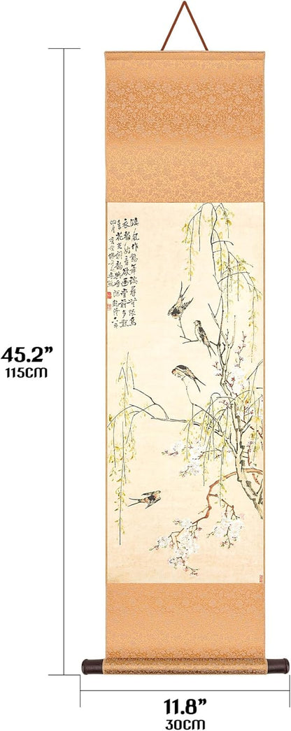 HannaFires Chinese Classical Hanging Scroll Painting – 45 Inches, Qing Dynasty Peach Blossom and Willow with Swallows, Oriental Ink Art Wall Decor, Silk Brocade Mounted Scroll for Home, Gift Banner