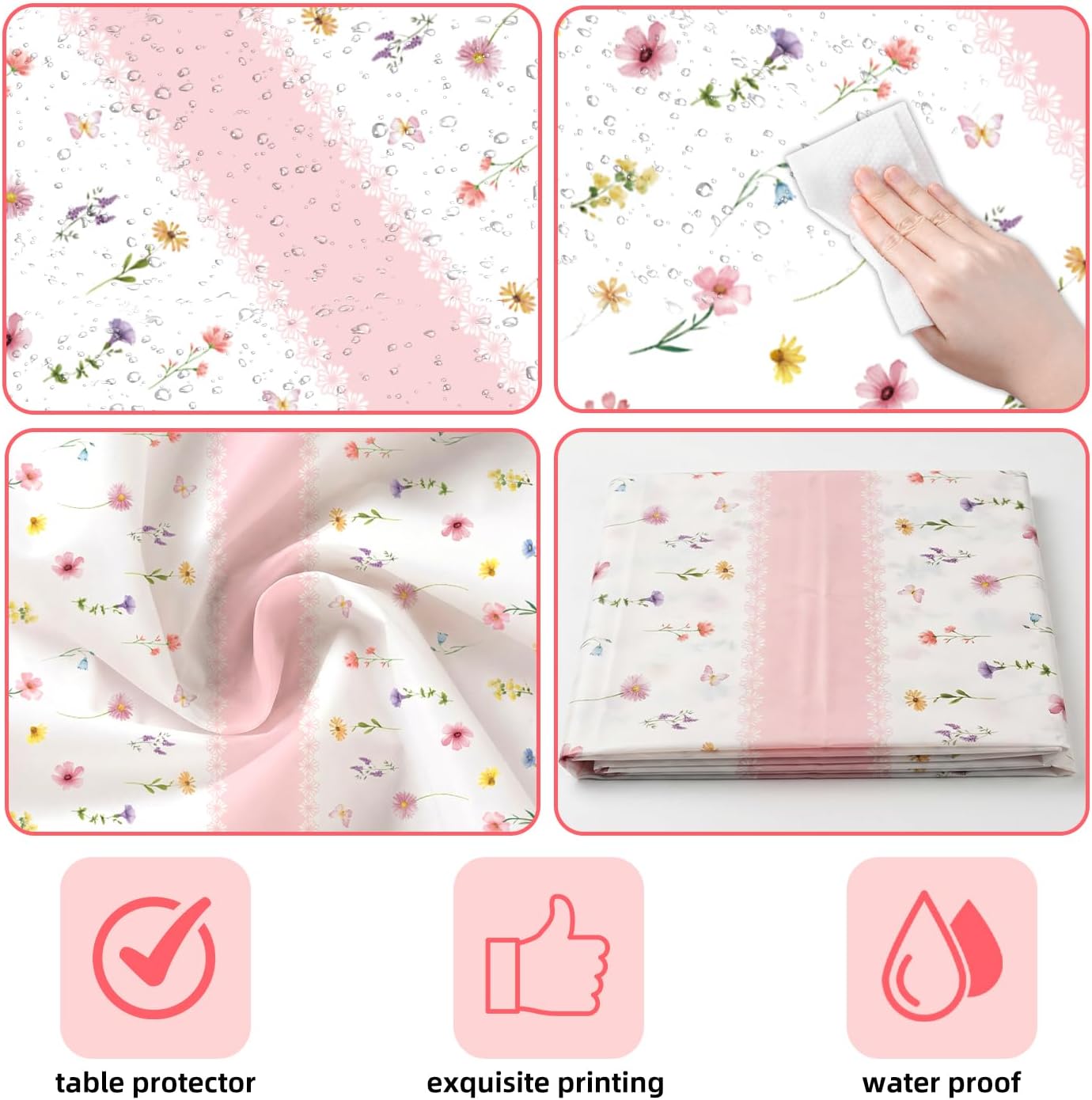 SpinLaLa 3-Piece 84 x 84 Inch Spring Floral Plastic Tablecloth – Round Disposable Flower Table Covers with Pink Stripe and Wildflower Designs for Spring Parties, Easter, Bridal Showers Celebrations