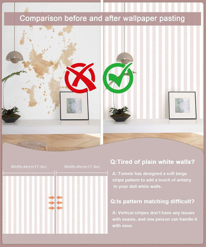 Tomete Pink and White Striped Wallpaper Peel and Stick Modern 17.3"x78.7" Self-Adhesive Removable Wallpaper for Girls, Work in Bedroom, Nursery, Vinyl Film for Cabinets Waterproof, Easy to Clean/Match