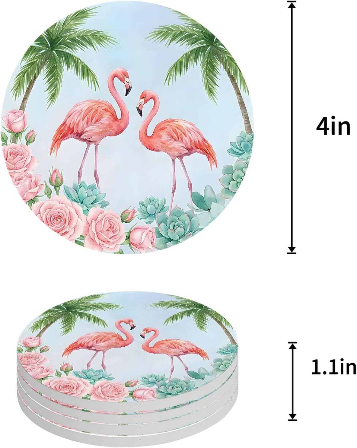 Coaster for Drinks 4 Pack,Coastal Flamingo Pink Rose Absorbent Round Ceramic Stone with Cork Base and Metal Holder,Light Blue Background Cup Mats for Home Dining Coffee Tables