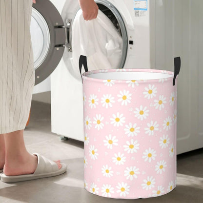 Pink Daisy Flower Large Laundry Basket,Collapsible Laundry Hamper With Handle Floral Room Decor,Round Waterproof Dirty Clothes Hamper Toy Organizer Storage Basket Gift for Home Bedroom Bathroom Decor