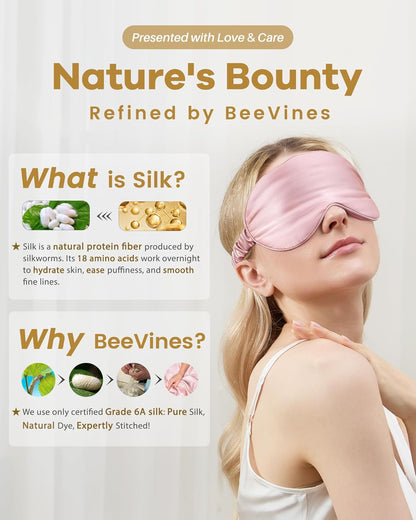 BeeVines Pure Silk 3D Contoured Sleep Mask for Women, Luxury 100% 22 Momme Mulberry Silk 3D Contoured Eye Mask for Lash Extensions, Zero Eye Pressure & Blackout(Pink)