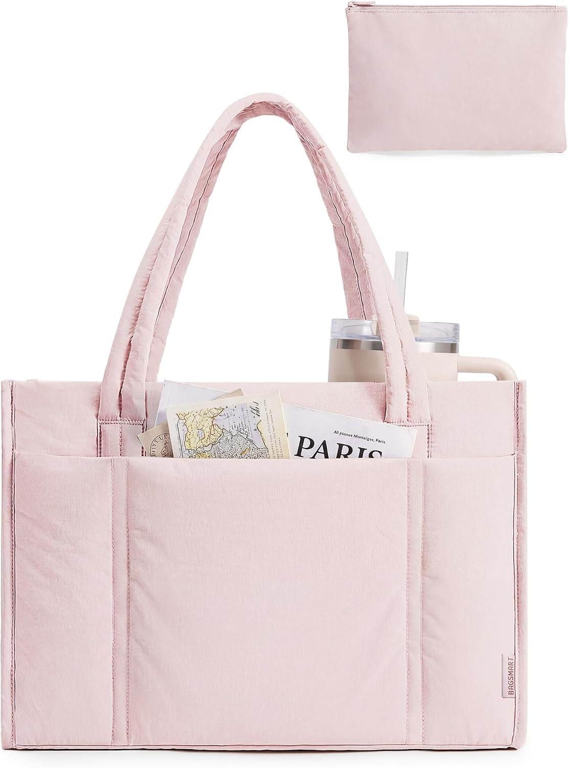 BAGSMART Tote Bag for Women, 2Pc Puffy Tote Bag Set with Zipper, Quilted Large Work Teacher Bag for Travel