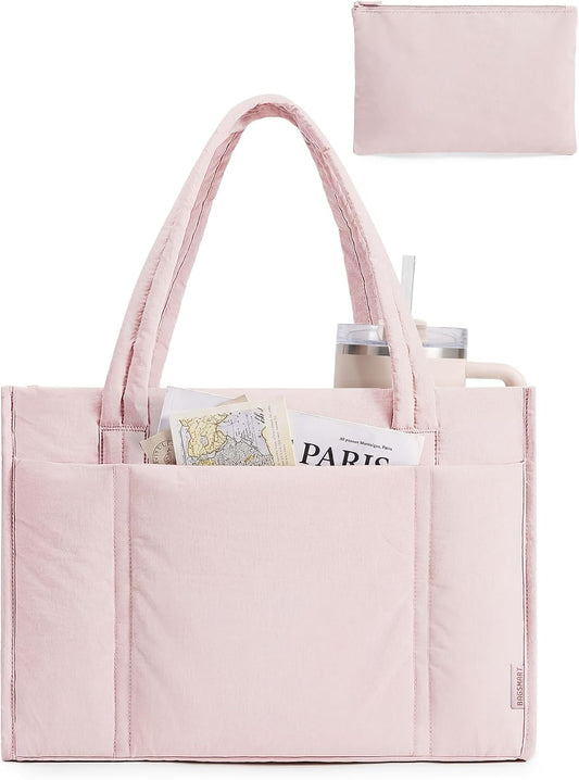 BAGSMART Tote Bag for Women, 2Pc Puffy Tote Bag Set with Zipper, Quilted Large Work Teacher Bag for Travel