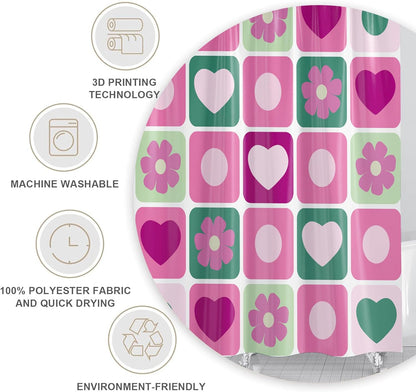 Checkered Shower Curtain Retro Abstract Geometric Boho Pink Flower Shower Curtain for Bathroom Decor Waterproof Fabric with Hook 72X72 Inch