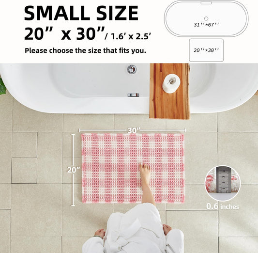 TYUU Waffle Bath Mat, Boho Bathroom Rugs Non Slip Washable Absorbent Checkered Bathroom Mat Quick Dry Cute Bath Mat, 30"x20" Pink and White