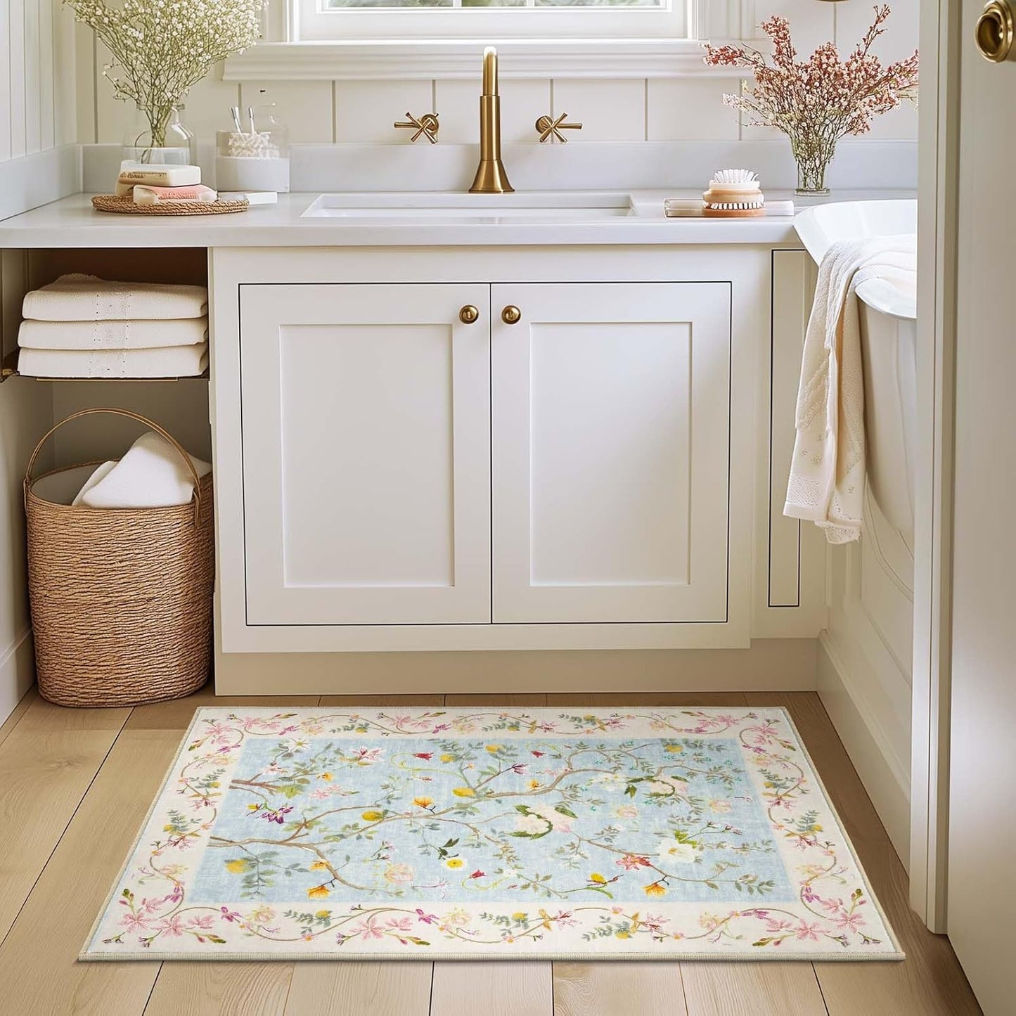 jinchan Floraison Floral Entryway Rug 2x3 Soft Washable Rugs Non Slip Low Pile Door Mat Indoor Enterance Small Chinoiserie Flower Lightweight Boho Throw Carpet for Bedroom Bathroom Entry Blue/Pink