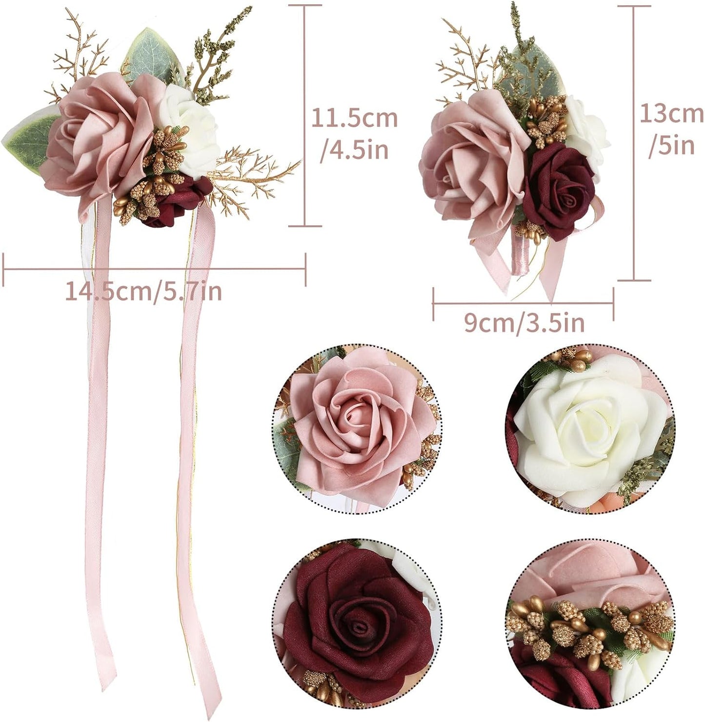 Blush Pink Corsage and Boutonniere Set for Wedding Prom Bride Groom Homecoming Rose Wristlet Band Bracelet Men Boutonniere Set Red Corsage Wristband Boutonniere for Wedding Suit Decorations