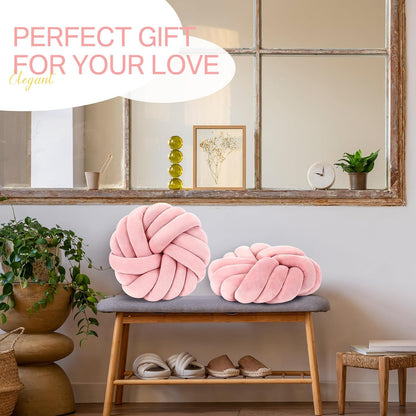 Fumete 2 Pcs 14 Inches Knot Pillow Round Throw Soft Plush Knot Ball Pillow Handmade Knotted Modern Home Decorative Cushion for Bed Bedroom, Sofa, Couch (Light Pink)