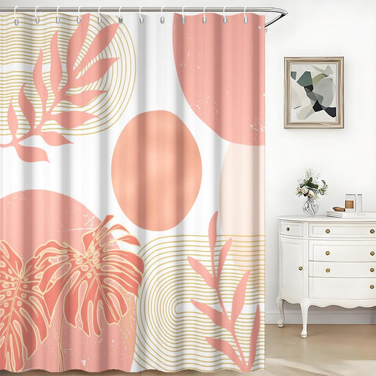 White and Peach Shower Curtain Mid Century Modern Coral Boho Shower Curtains for Girls Bathroom Decor Abstract Geometric Minimalist Waterproof Fabric Bath Curtain Set with Hooks,65x72inch