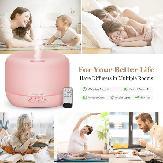 Aromatherapy Essential Oil Diffuser for Room: Air Humidifier Aroma Scent Cool Mist Colorful Lights Cute Small Large Auto Off Ultrasonic Diffusers for Home Bedroom Pink (300ml)