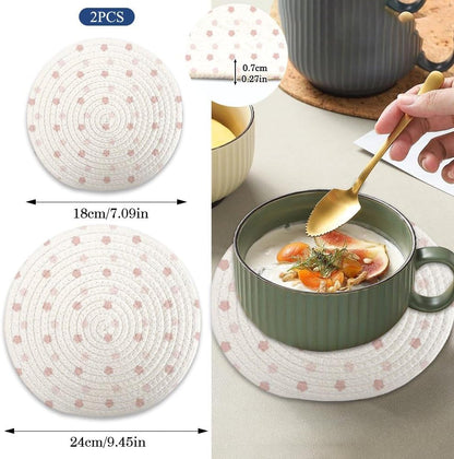 Cotton Trivets Mats Set of 2, Light Pink Polka Dot Coasters for Hot Dishes Pots and Pans, Pot Holders Protector Home Essentials for Cooking and Baking
