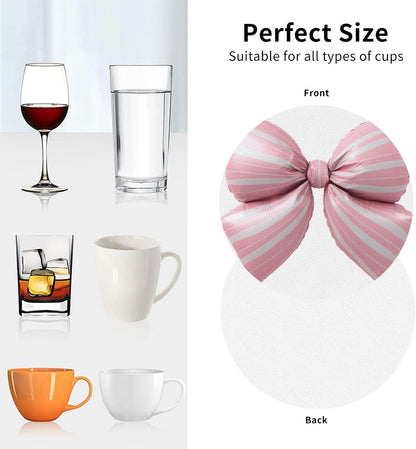 Light Pink Bow Balloon Candy Stripe Pattern Drinks Coasters Set of 4 Leather Drink Coasters for Tabletop Protection Heat Resistant Bar Cup Mat Pad