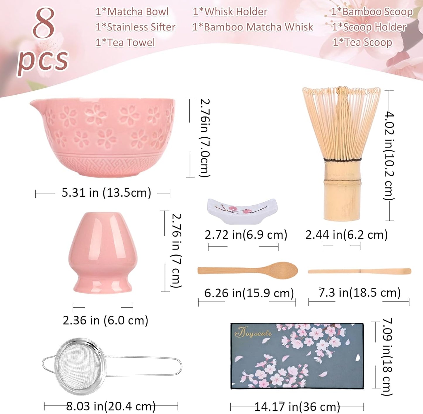 Joyscale Matcha Whisk Set, Matcha Set Whisk And Bowl, 8 Pcs Matcha Kit Set(Wide Cherry Blossom Design), 14 OZ, Japanese Matcha Tea Set, Matcha Making Kit Gifts for Tea Lovers(Pink)