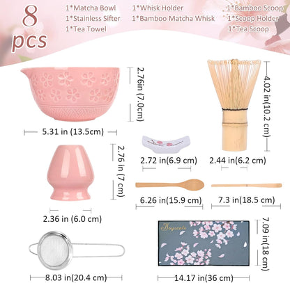 Joyscale Matcha Whisk Set, Matcha Set Whisk And Bowl, 8 Pcs Matcha Kit Set(Wide Cherry Blossom Design), 14 OZ, Japanese Matcha Tea Set, Matcha Making Kit Gifts for Tea Lovers(Pink)