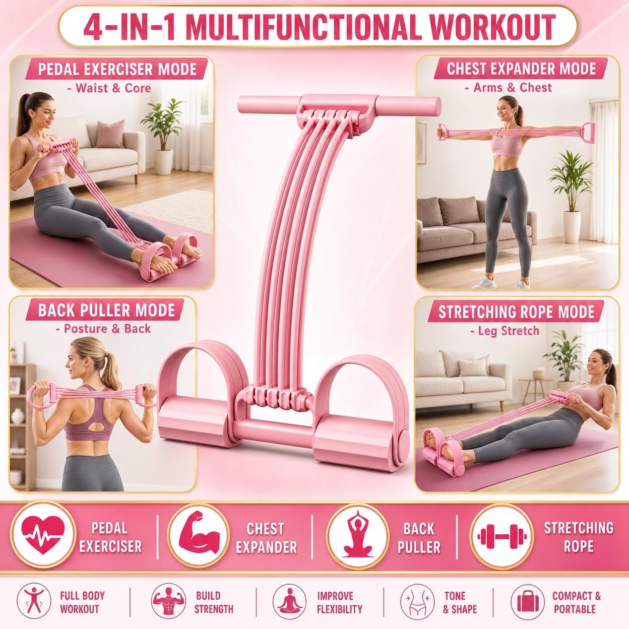 Pedal Resistance Band with Handle Upgraded 8-Tube Resistance Bands with Handles Set, 3-in-1 Multifunctional Chest Expander, Back Puller and Stretching Rope,Detachable Pedal Exerciser for Home