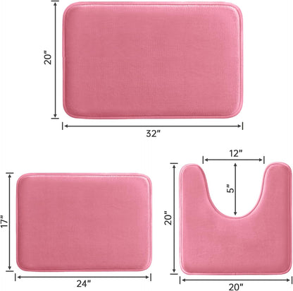 HUXMEYSON Bathroom Rugs Sets 3 Piece, Ultra Soft Velvet Memory Foam Bath Rugs, Non-Slip & PVC Backing Bathroom Mat Set, Washable Quick Dry Bath Rug - Pink