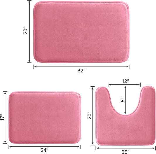 HUXMEYSON Bathroom Rugs Sets 3 Piece, Ultra Soft Velvet Memory Foam Bath Rugs, Non-Slip & PVC Backing Bathroom Mat Set, Washable Quick Dry Bath Rug - Pink