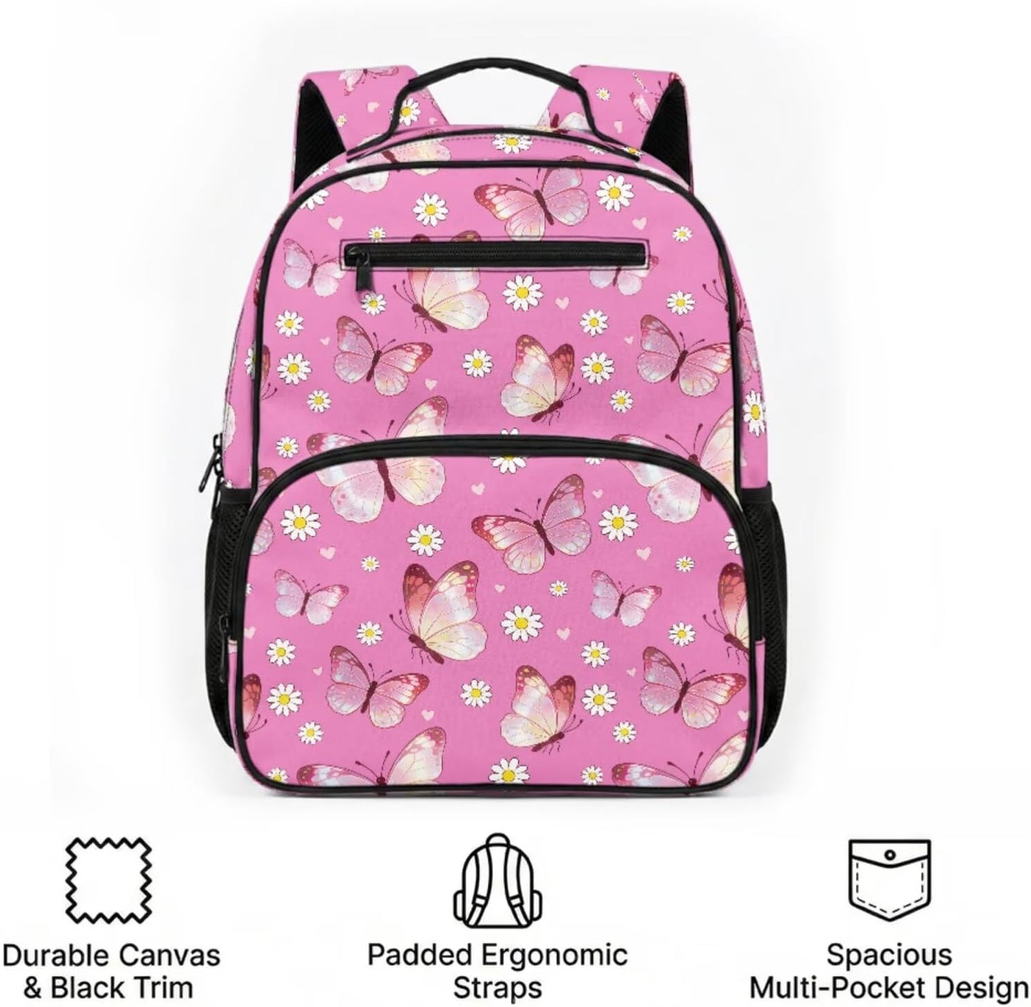 COEQINE Customized Backpack for Kids Girls School with Lunch Box Preschool Butterfly Pink Floral Girls Bookbag Ages 4-6-8-10 Kindergarten with Water Bottle Side Pocket Diaper Bag Backpack,13 In