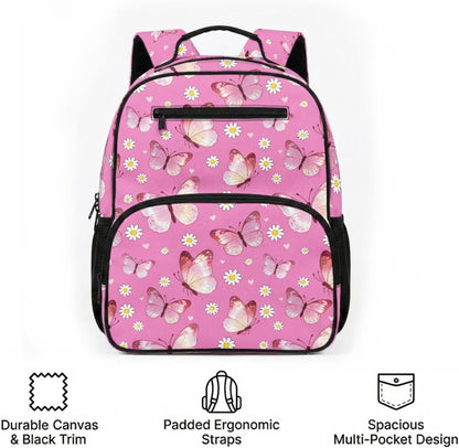 COEQINE Customized Backpack for Kids Girls School with Lunch Box Preschool Butterfly Pink Floral Girls Bookbag Ages 4-6-8-10 Kindergarten with Water Bottle Side Pocket Diaper Bag Backpack,13 In