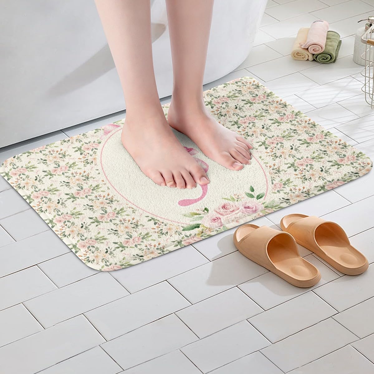 Erosebridal Peach Blossom Bathroom Rugs 16" x 24" Letter J Bath Mat Cute Bowknot Princess Coquette Doormat Pink Bow Fashion Preppy Dreamy