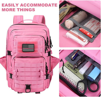Hannibal Tactical 45L MOLLE Assault Backpack, Tactical Backpack Military Army Camping Rucksack with Bottle Holder, 3-Day Pack Trip w/USA Flag Patch, D-Rings, Pink