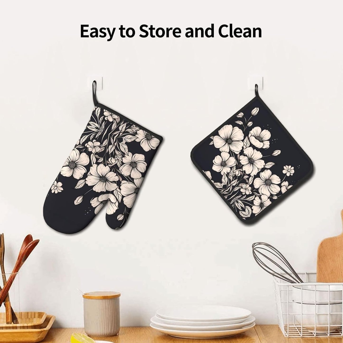 Light pink flowers Patterned Heat-Proof Gloves and Protective Mat Set (2-Piece) - For Ovens, Microwaves, and Grills
