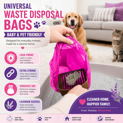 Baby Disposable Diaper Sacks (500 ct.) Lavender Scented, Easy-To-Tie Tabs, Diaper Disposal Pet Waste Bags Bulk Diaper Sacks Dog Poop Bags Cat Waste Bags Sanitary Pads Disposal (500 Bags, Pink)
