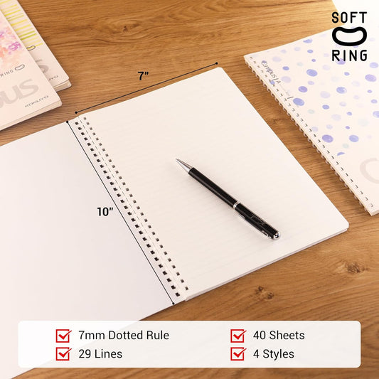 Kokuyo Spiral Notebook Journal, 4 Pack Campus B5 Soft Ring Notebooks with Dotted A 7mm Rule, 40 Sheets, Aesthetic 1 Subject Notebook in Blue Pink Yellow Green, College Office Note Taking