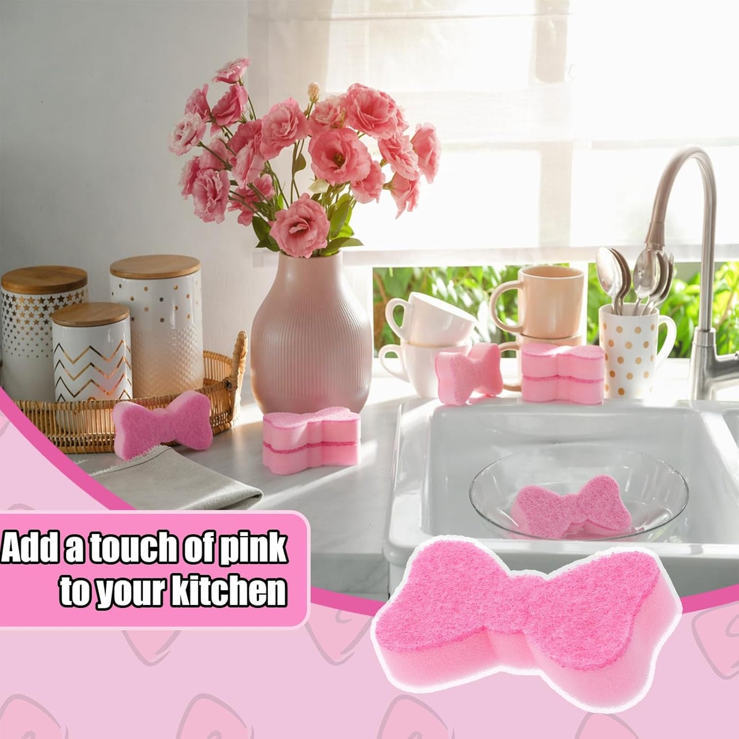 Tioncy 12 Pack Pink Bow Sponges Bulk Preppy Dual Sided Scrubber Cute Pink Bow Sponges Reuseble Non Scratch Dishwashing Kitchen Cleaning Accessories for Cookware Pot Boiler Pan Household