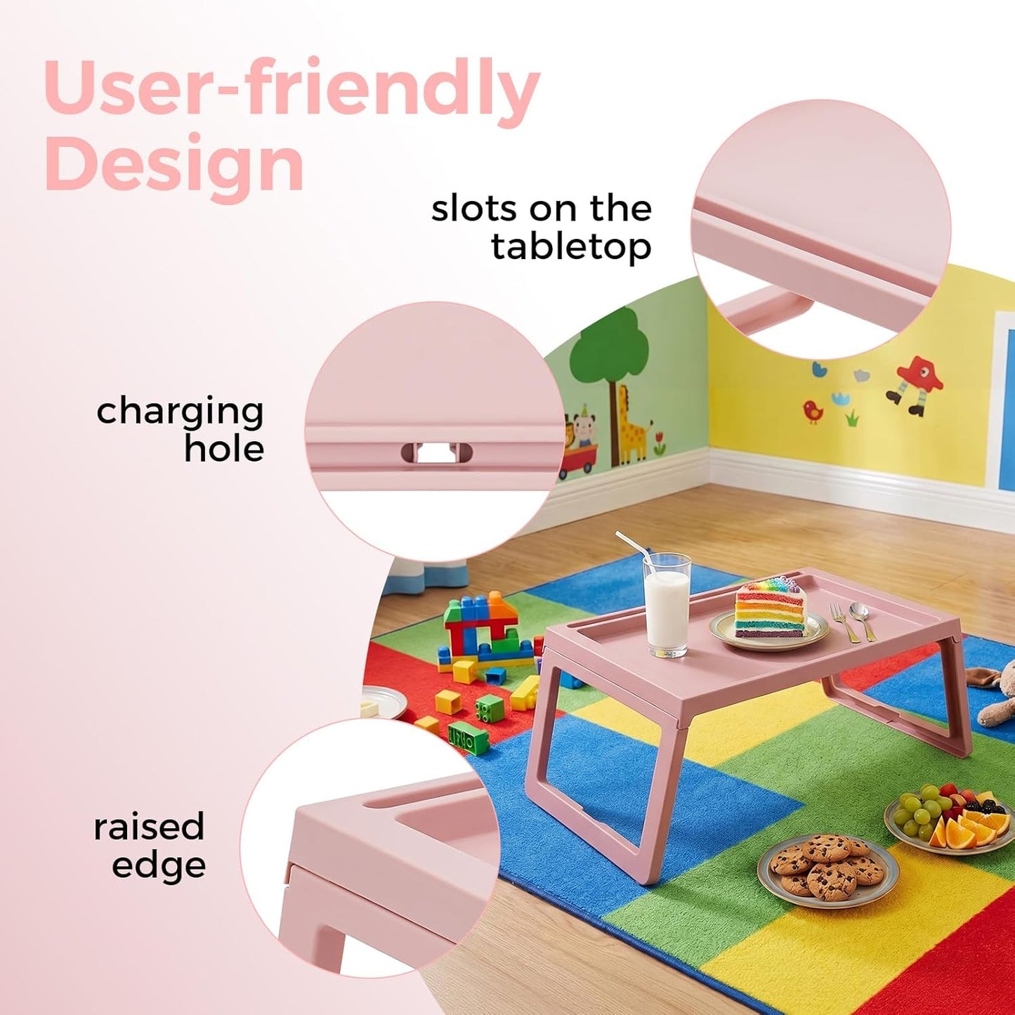 6 Pack Bed Breakfast Tray with Foldable Legs, Cute Pink Eating Kids Lap Trays Table, Serving Food Trays with Phone Slots for Sofa Bed Eating Studying Working