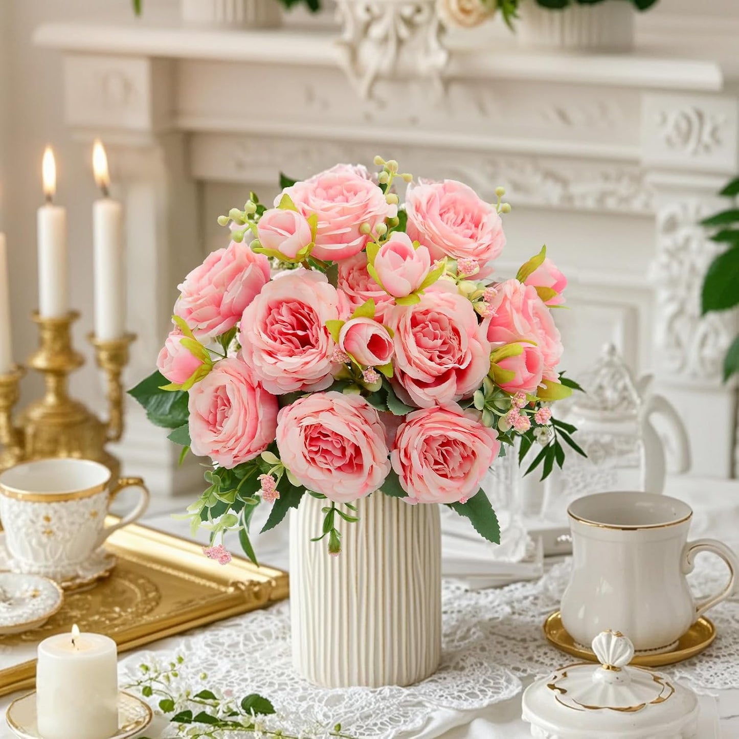 2 Pack Artificial Flowers Bouquet, 10 Pcs Austin Roses Silk Flowers Heads, Fake Peonies Flower for Home Decor Table Centerpieces Wedding Bridal Bouquet Mother's Day Valentine's Day, Pink