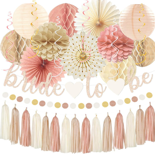 Boho Pink Bridal Shower Decorations, Champagne-Gold Bride To Be Banner Bachelorette Party Decor, Honeycomb Balls, Paper Flowers, Lanterns, Hanging Swirls, Circle Dots Garland for Wedding Shower Party