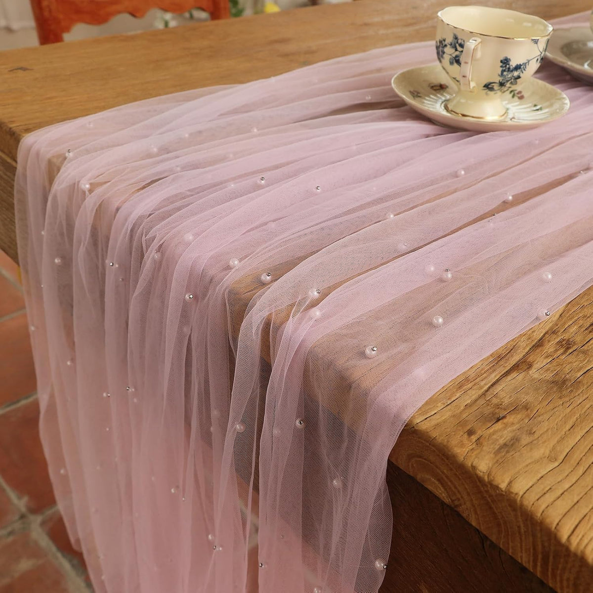 10 ft Pink Pearl Table Runner Tulle Fabric Lace Table Runners for Bridal Shower Birthday Party Wedding Arch Veil Dessert Table Decorations