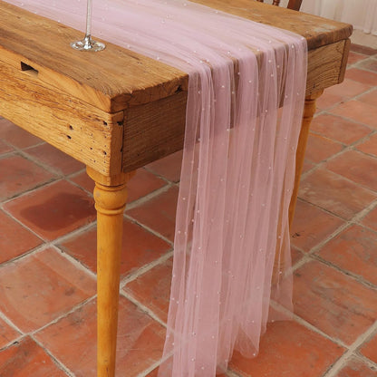 10 ft Pink Pearl Table Runner Tulle Fabric Lace Table Runners for Bridal Shower Birthday Party Wedding Arch Veil Dessert Table Decorations