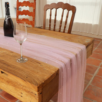 10 ft Pink Pearl Table Runner Tulle Fabric Lace Table Runners for Bridal Shower Birthday Party Wedding Arch Veil Dessert Table Decorations