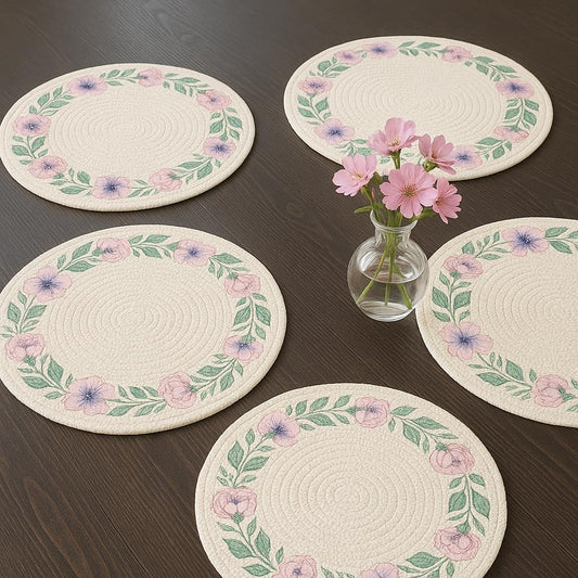 Home Dining Essentials Round Cotton Placemats, Floral Design Table Mats, 15 Inch Braided Woven, Heat-Resistant, Set of 4, White with Decorative Pattern for Casual Dining (Pink Flower, 15" Round)