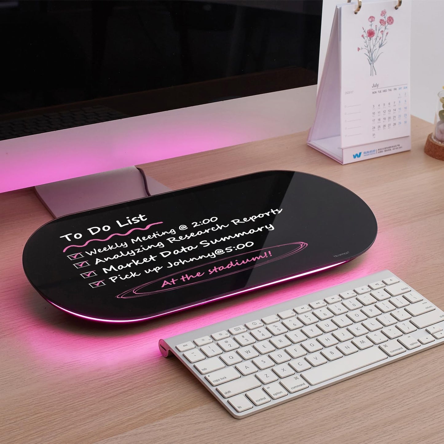 TSJ OFFICE Glass Desktop Whiteboard - 17 X 7 Inches Small Dry Erase Board with Pink Light, Black Glass White Board Surface Notepad with 1 Drawer, Desk Organizers for Office, Home, School Supplies