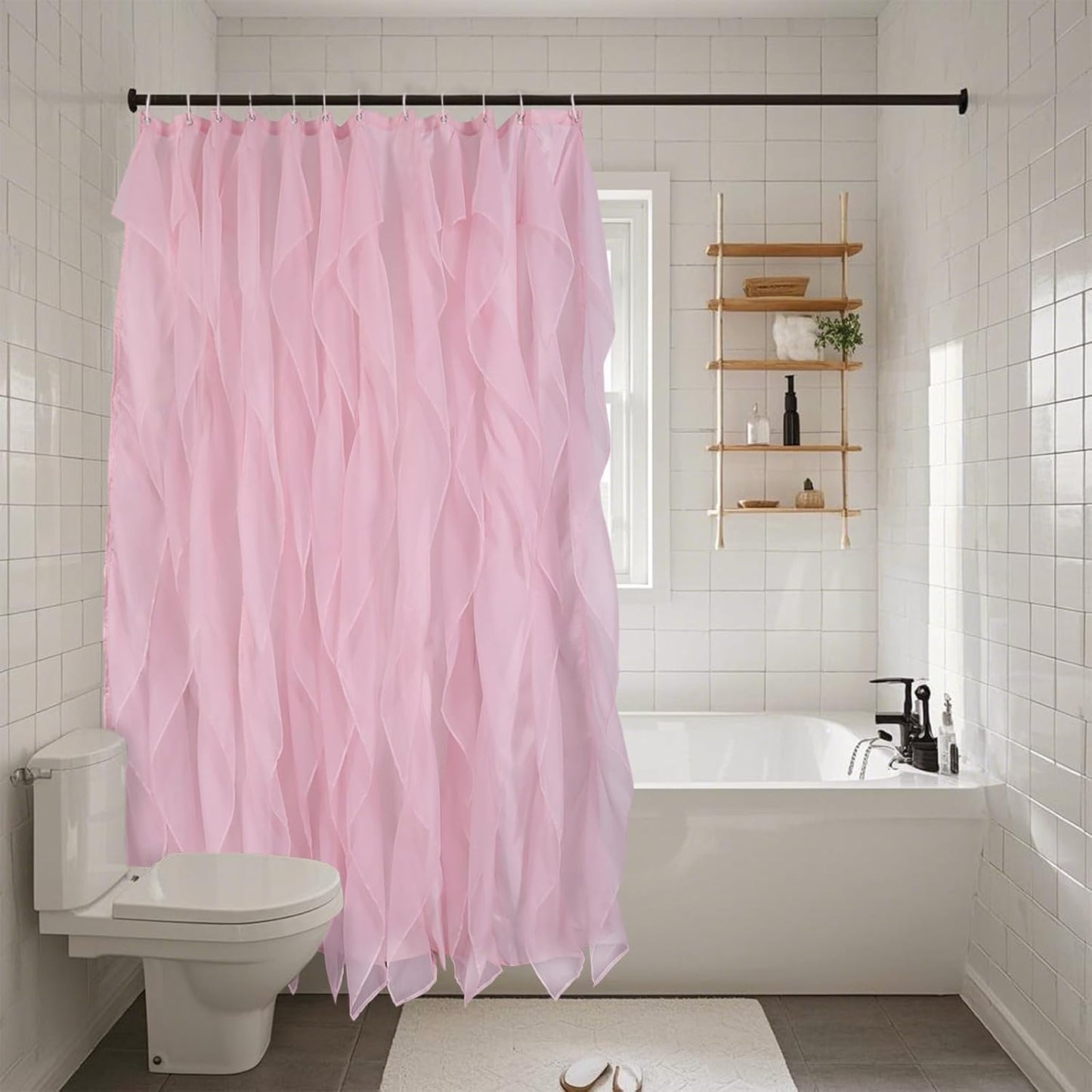 REISEN Pink Ruffle Shower Curtains for Bathroom Farmhouse Sheer Shower Curtain, 72 x 72 Inches