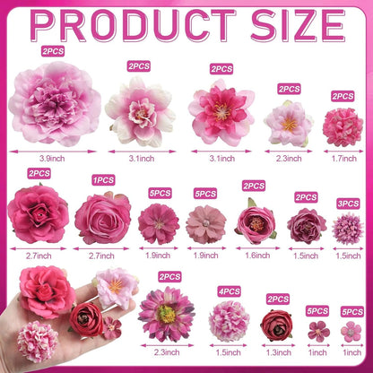 Artificial Flowers Heads Combo Rose Red Flowers Mix Silk Flowers Heads Pink Bulk Faux Rose for Craft Garland Graduation Cap Wedding Bridal Baby Shower Home Party Decoration DIY Cake Decor